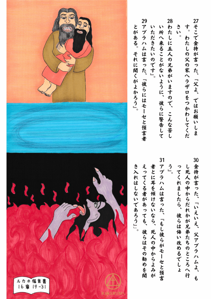 アブラハムのふところで穏やかに抱かれているラザロの姿と、下方の炎の中で苦しみながら叫ぶ金持ちの姿。天と地、慰めと苦しみの対比が描かれている。