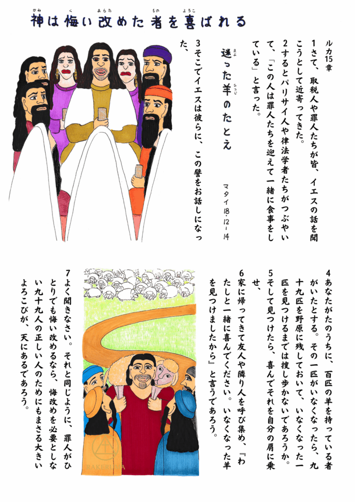 イエスがパリサイ人たちに語る「迷った羊のたとえ」を描いた場面。イエスは人々の前に立ち、話している。背景には、見つかった羊を喜んで肩に担ぎ帰る羊飼いの姿も描かれている。