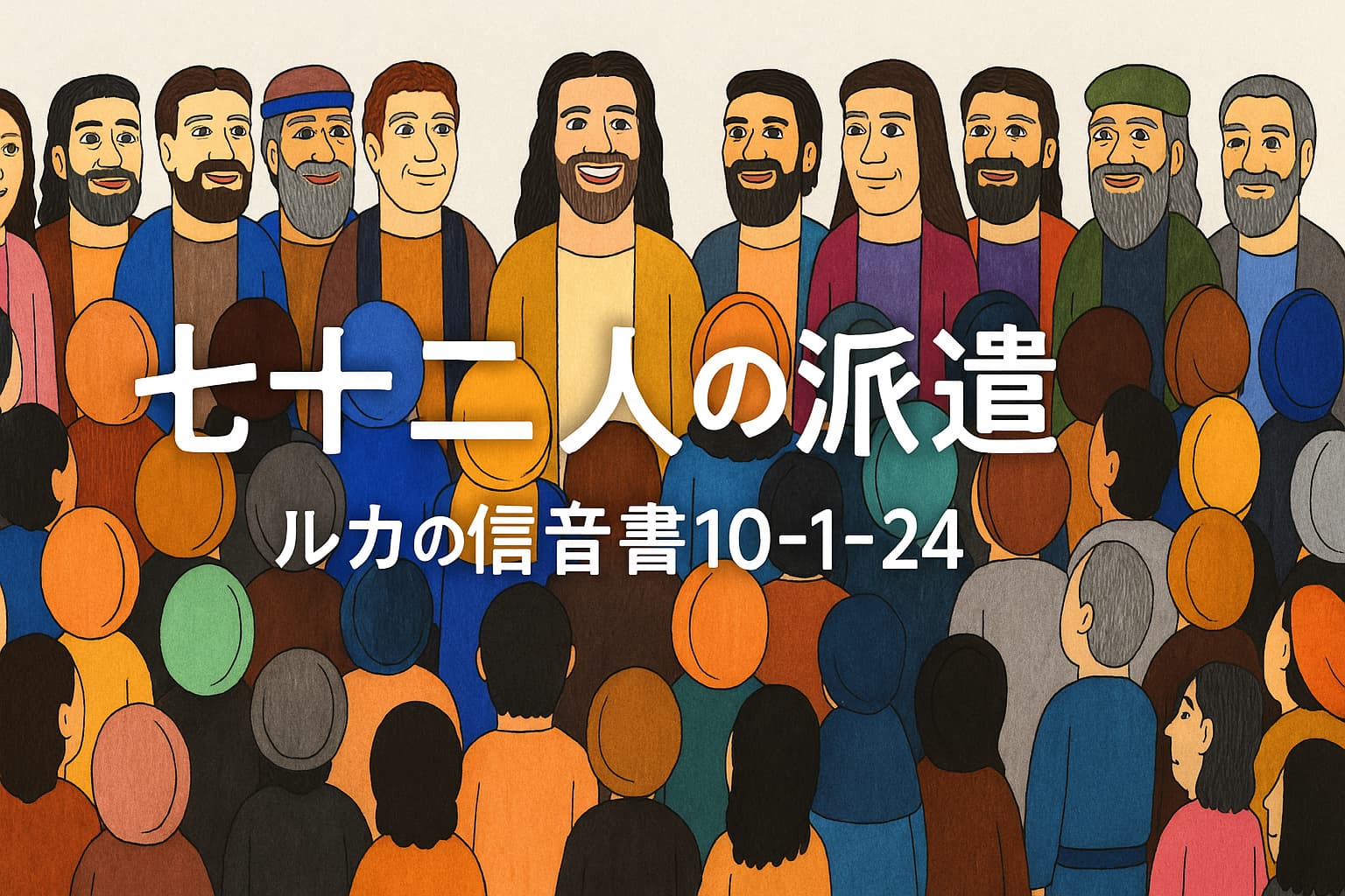 イエスが72人の弟子たちを町や村へ派遣する様子を描いたイラスト。群衆の中に立つイエスと弟子たちが、平和のことばを伝えるために送り出される場面。中央に「七十二人の派遣 ルカの信音書10:1–24」と大きく書かれている。