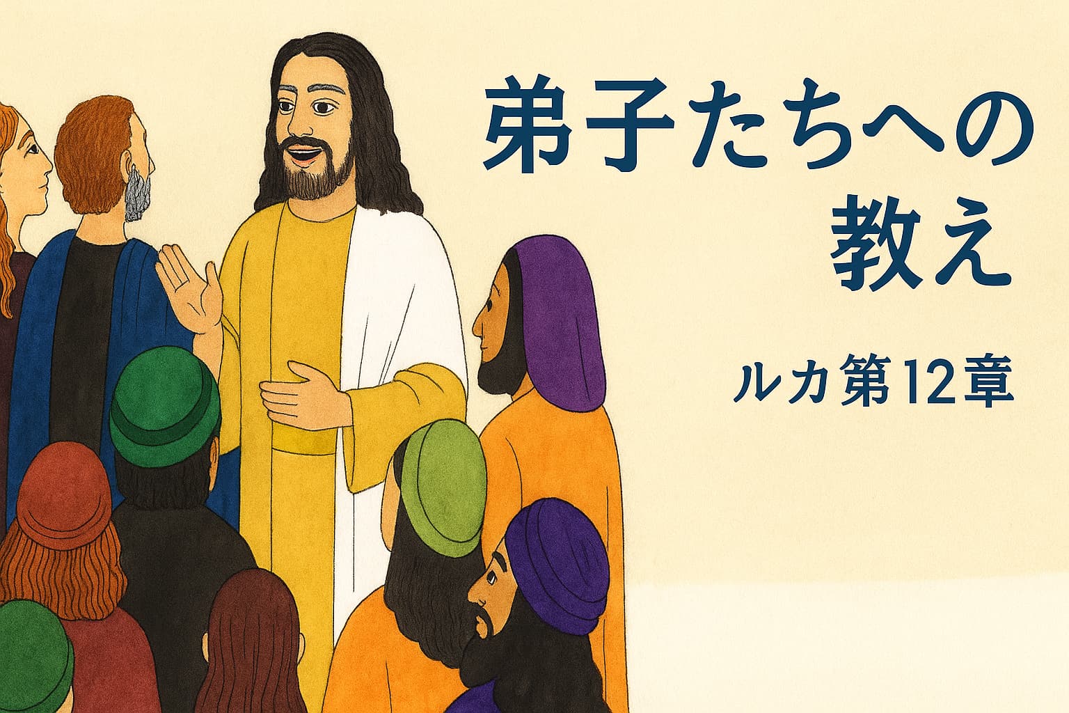 イエスが弟子たちに語りかけている場面を描いた手描き風のイラスト。ルカ12章「弟子たちへの教え」を象徴する静かな教えの情景。