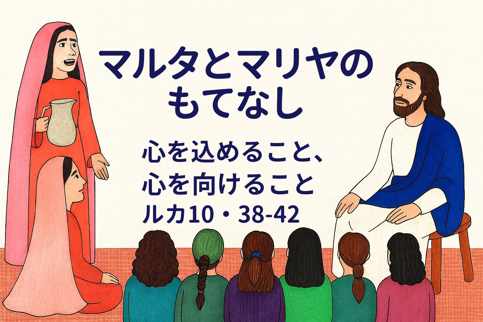 マルタがもてなしの水差しを手にイエスに語りかけ、マリヤがその足もとで静かに御言葉を聞く様子。周囲には弟子たちが座り、画面中央に「マルタとマリヤのもてなし 心を込めること、心を向けること ルカ10・38-42」の文字がやさしく配置されている。