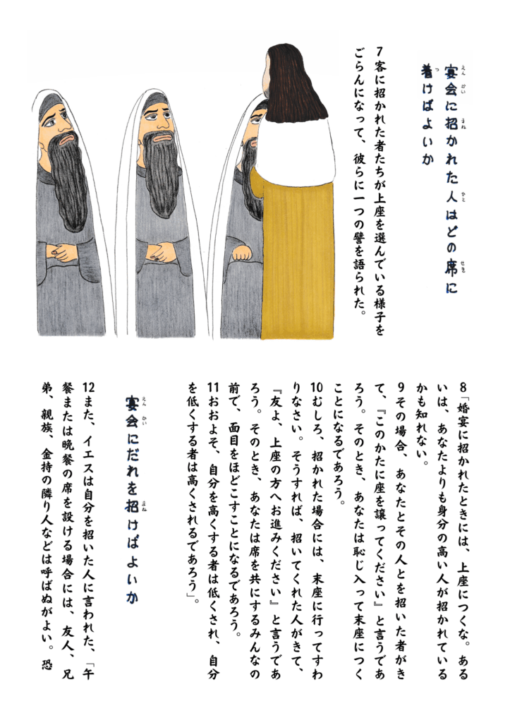 イエスがパリサイ人たちに向かって、宴会の席でどのような態度をとるべきか、謙遜のたとえを話している場面。