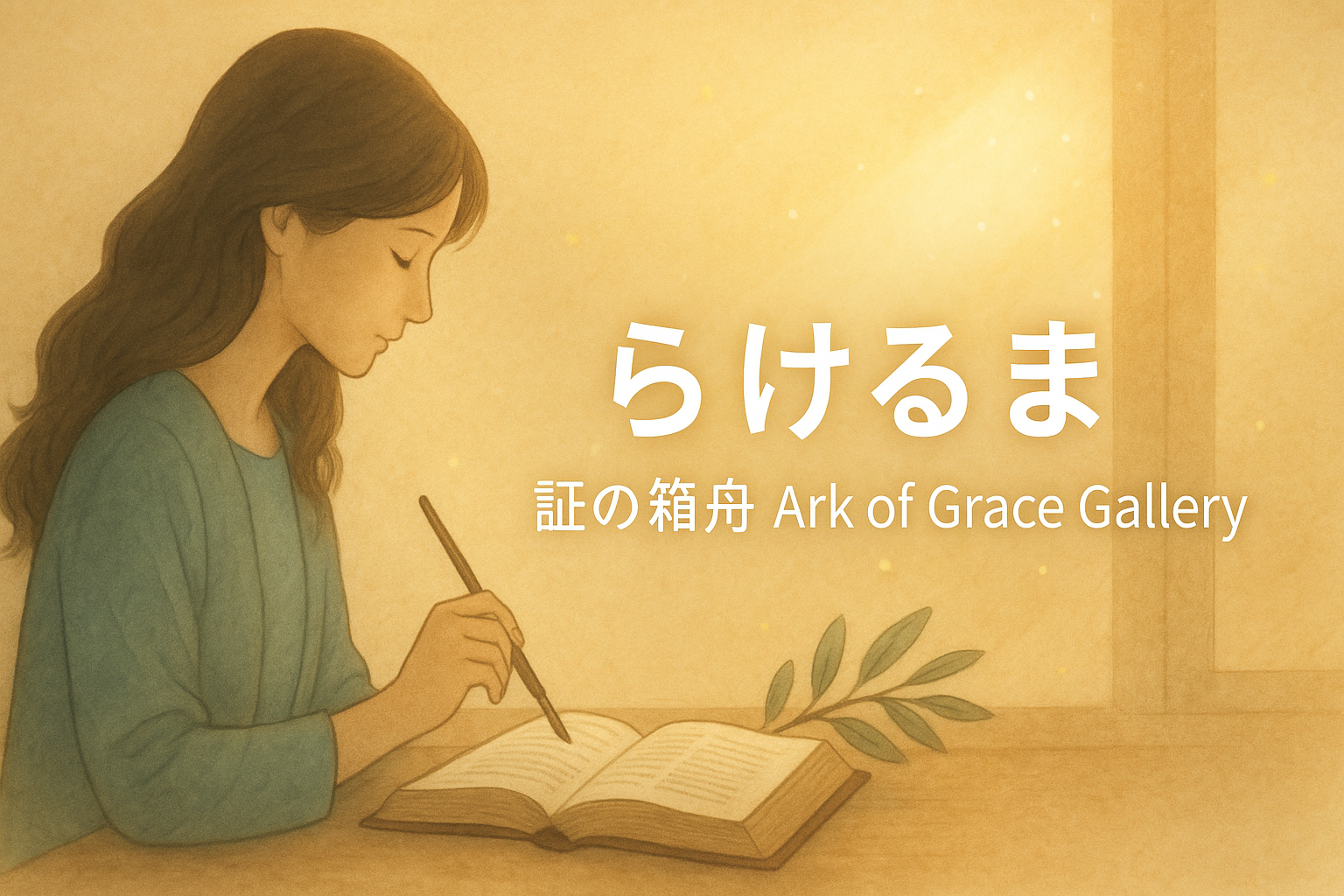 らけるまが祈りの中で筆を持ち、聖書を前に静かに座っている様子。金色の光に包まれた穏やかな雰囲気の中、信仰と創作が一つに溶け合うように描かれている。