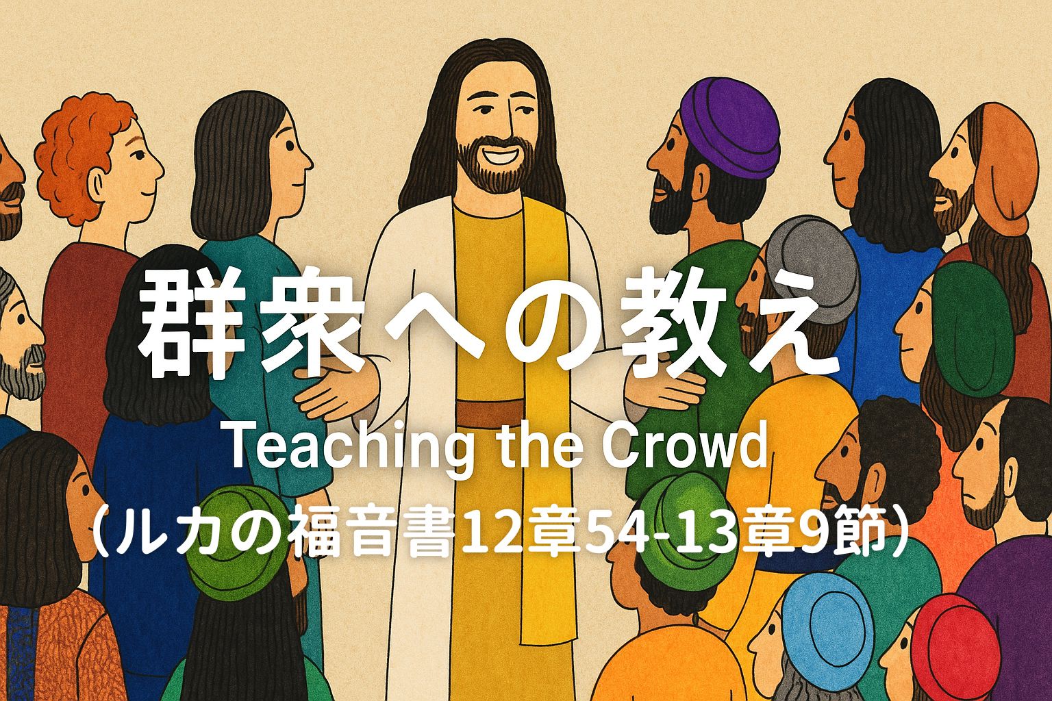 イエスが群衆に語りかける場面を描いたイラスト。中央にイエスが立ち、まわりには色とりどりの衣を着た人々が耳を傾けている。中央に「群衆への教え Teaching the Crowd(ルカの福音書12章54-13章9節)」と大きく表示されている。