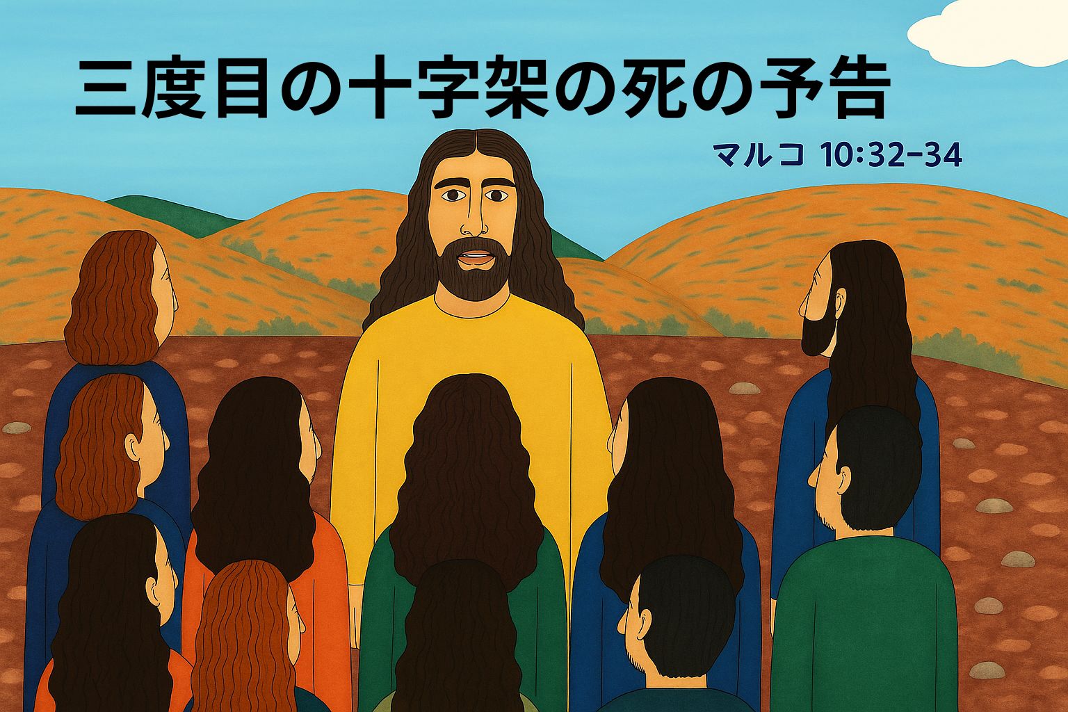 イエスが弟子たちを前に、静かなまなざしで三度目の十字架の死と復活を予告している場面。赤茶色の道、なだらかな丘、青空が広がる中、弟子たちは不安と驚きを抱えながらイエスの言葉に耳を傾けている。