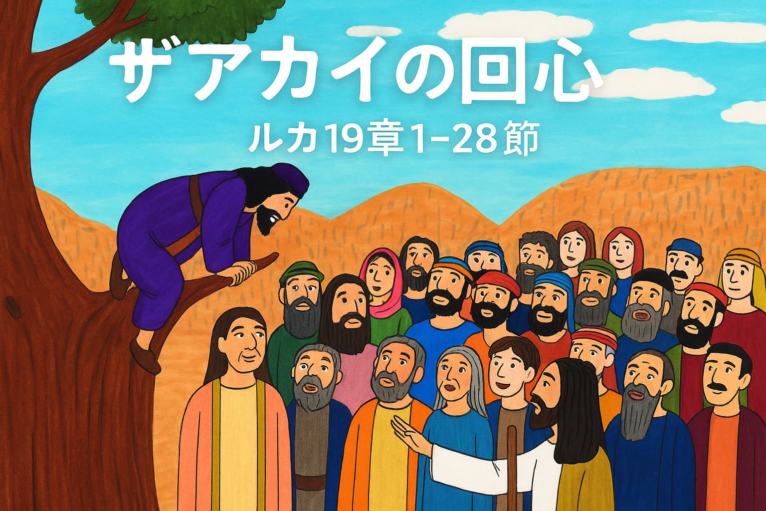 イエスが桑の木の上にいるザアカイを見上げ、群衆に囲まれながら語りかけている場面。背景には青空と山なみ、明るい表情の人々が描かれている。