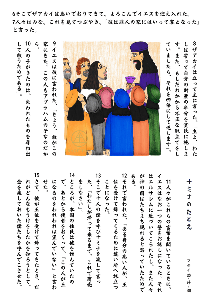 ザアカイがイエスの前に立ち、財産の半分を施し、不正な取り立てを返すと告白している。イエスと周囲の人々がそれを見守っている場面。