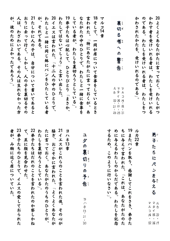 ヨハネ、マルコ、ルカによる聖書の記述が並び、イエスが弟子の裏切りを予告し、パンを弟子たちに与える場面の聖句が記されている原画。