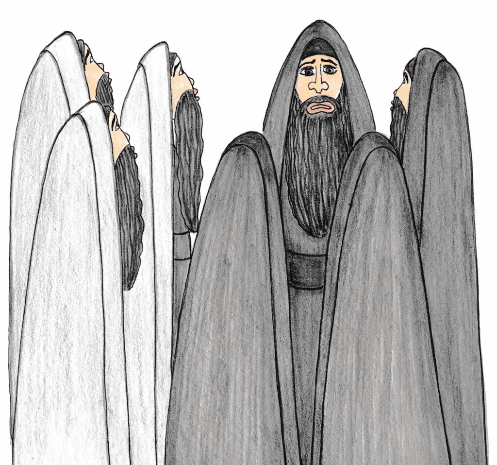 厳かな表情をした祭司長と長老たちが集まり、陰謀めいた相談をしている様子。彼らはイエスをどう処分するかを密かに話し合っている。（マタイ26:3-5）