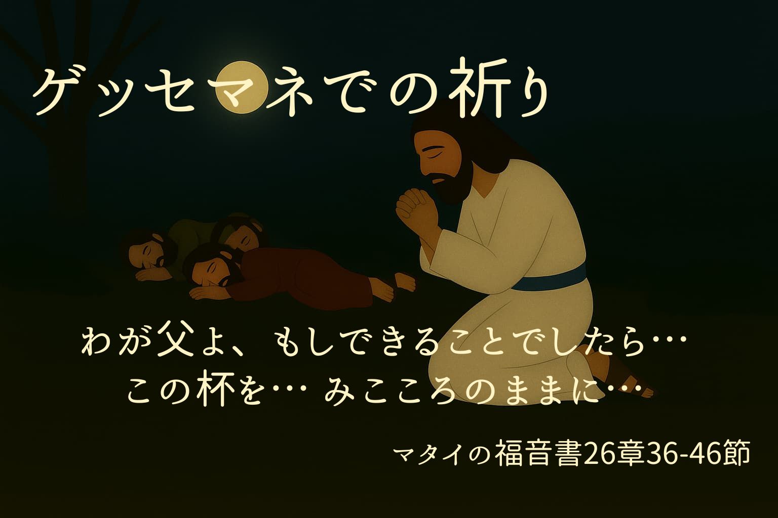 ゲッセマネの園でひざまずき、月明かりの下で祈るイエスの姿。背後には木々の影と、地面に眠る三人の弟子たち。上部には「ゲッセマネでの祈り｜マタイの福音書26章36-46」、下部には「わが父よ、できることなら、この杯を… みこころの」の文字。