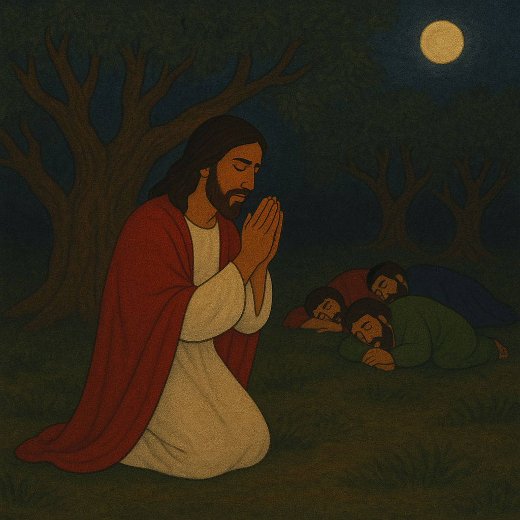 月明かりの下、ゲッセマネの園でひざまずいて祈るイエス。少し離れた場所では、三人の弟子たちが地面に横たわり、眠りについている。静寂の中に主の苦しみと祈りの深さがにじむ夜の情景。