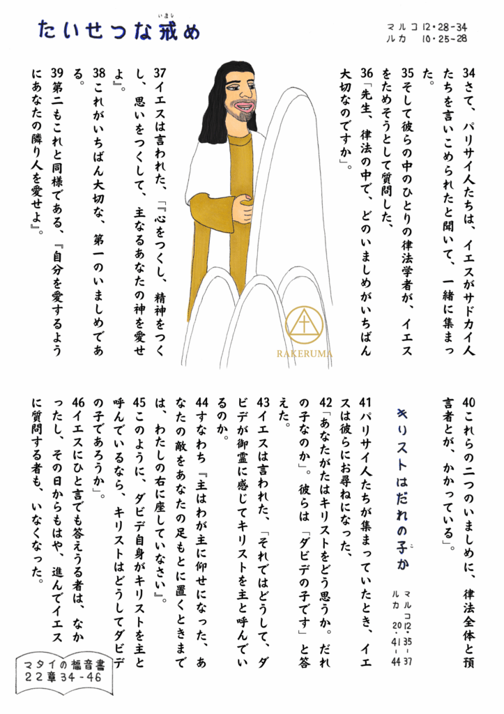 イエスが穏やかな表情で教えを語り、人々に「心を尽くし、神を愛しなさい」と語る場面。マタイ22章34–46の場面。