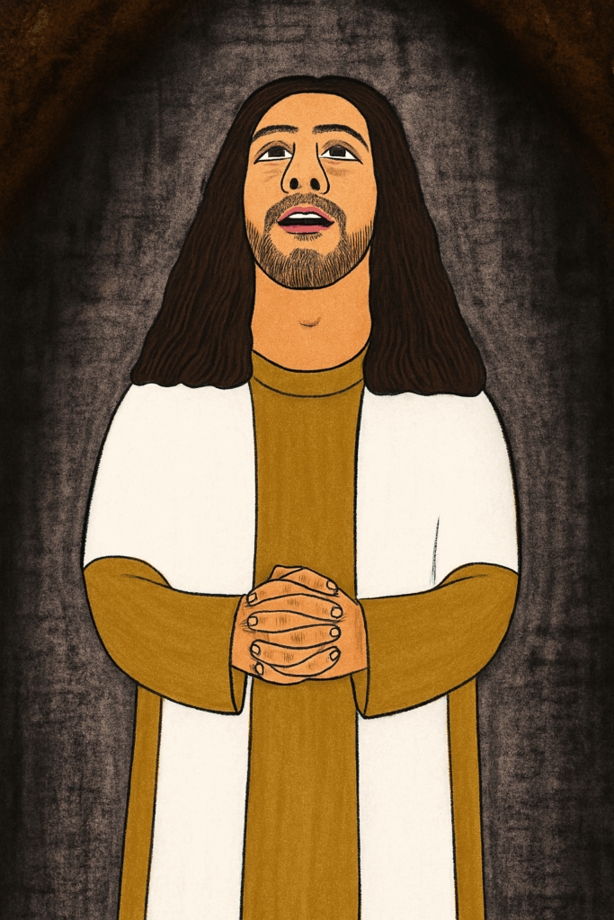 暗い背景の中、天を仰いで祈るイエス・キリスト。長い髪と髭をたくわえ、白と金色の衣をまとい、胸の前で両手を組んで静かに祈る姿が描かれている。