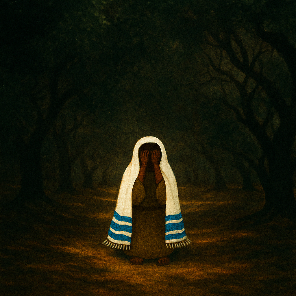 暗い森の中、一人ひざまずき、白いタリート(ユダヤの祈りのショール)をまとって祈るイエスの姿。静けさと深い苦しみが漂う受難週の祈りの場面。