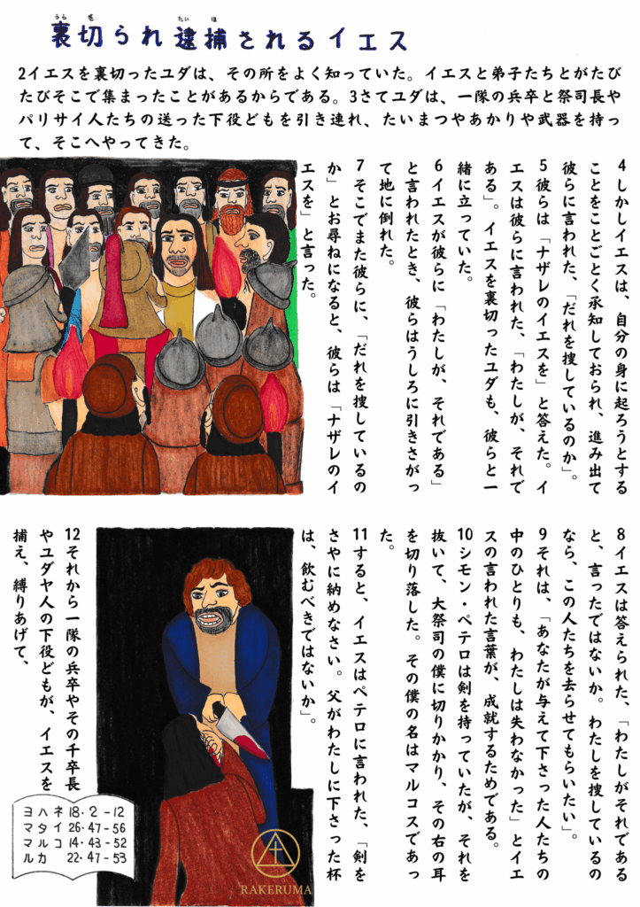 夜の闇の中で兵士たちに囲まれ、裏切ったユダに導かれて逮捕されるイエス。手前には剣を抜いたペテロが、祭司の僕マルコスの耳を切り落とす場面が描かれている。