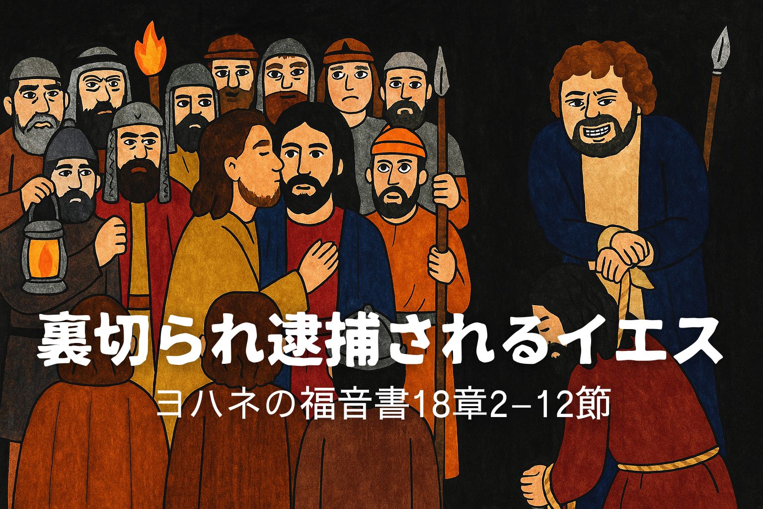 ゲツセマネの園で、ユダがイエスに接吻して裏切り、兵士たちに引き渡す場面。後方にはたいまつや槍を持った兵士たち、右側には剣を抜いて僕の耳を切るペテロの姿が描かれている。