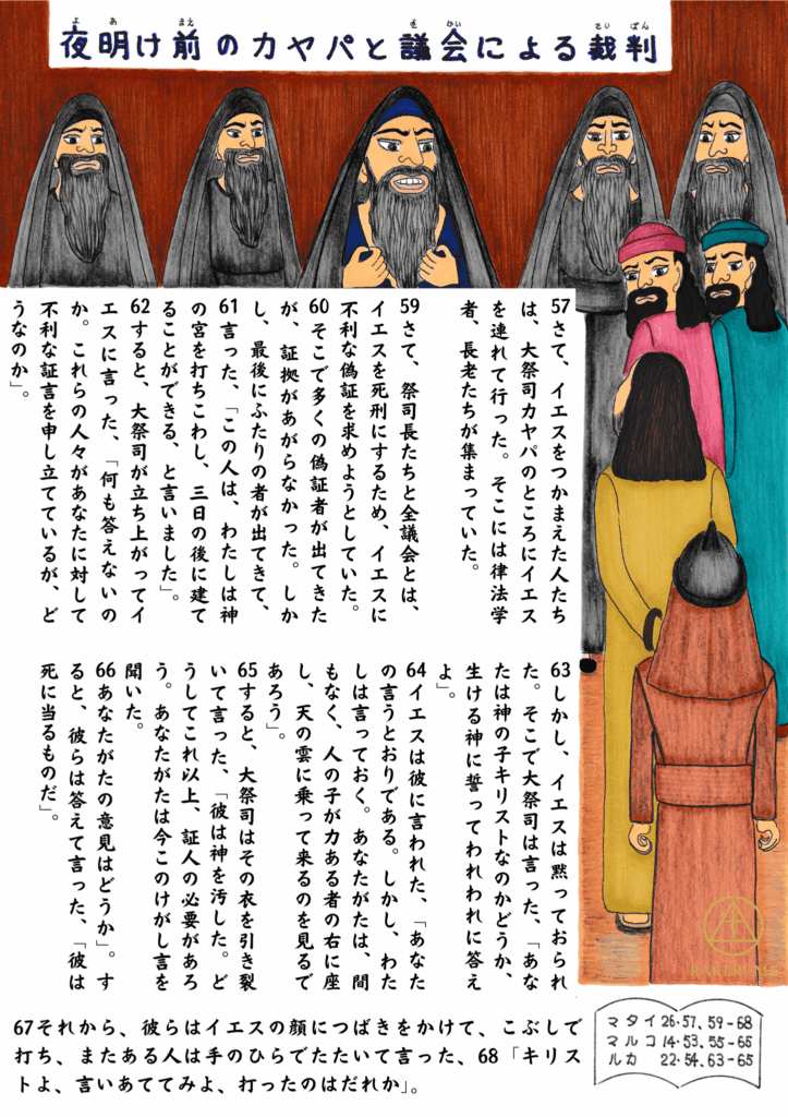 イエスが連行され、大祭司カヤパと長老たちが並ぶ夜明け前の議会に立たされている場面。背後には兵士と群衆が並び、カヤパは怒りの表情で衣を引き裂き、証人たちは険しい表情でイエスを見つめている。イエスは静かに立ち、答えを待つように沈黙を守っている。