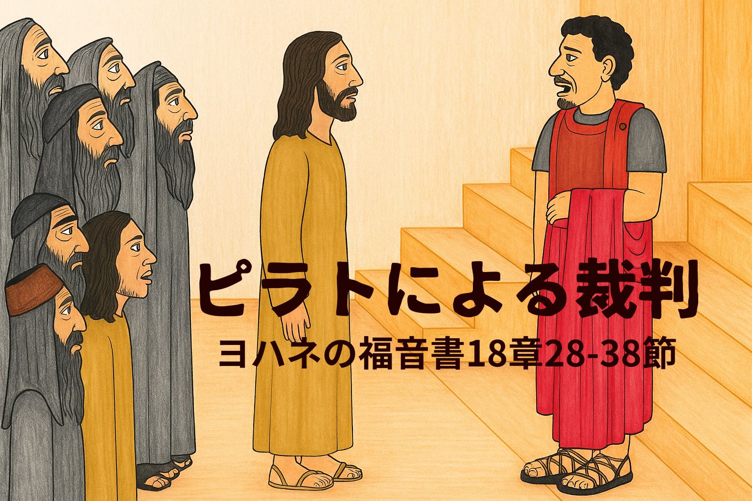 イエスがユダヤ人たちに囲まれながら、ローマ総督ピラトの前に立っている場面。ピラトは階段の上からイエスを見つめ、裁きを下そうとしている。