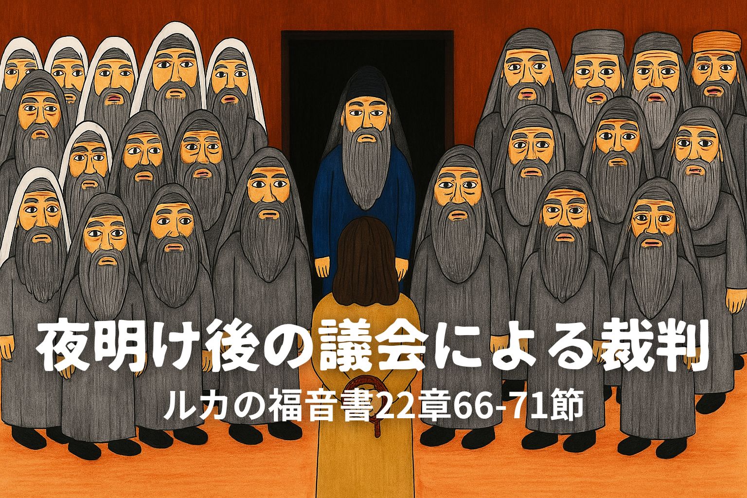 夜明けの光が差す中、大勢の議会の人々が集まり、中央に立つイエスを囲んで見つめている。イエスは両手を縛られ、静かに堂々と正面を見つめている。