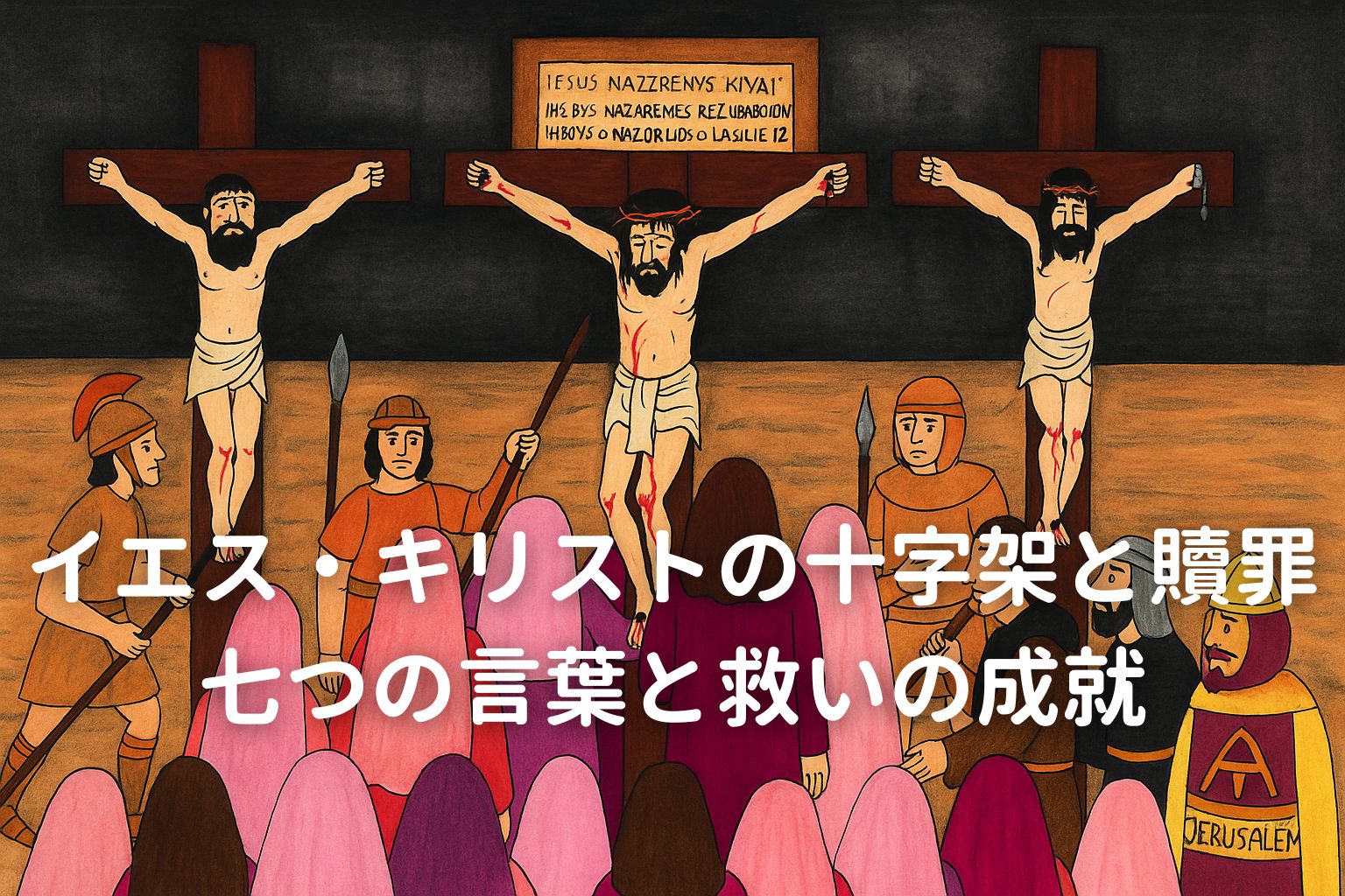 イエス・キリストが両側の犯罪人とともに十字架につけられ、見守る群衆と兵士たちが描かれた場面。中央に「イエス・キリストの十字架と贖罪　七つの言葉と救いの成就」の見出しテキストが入っている。