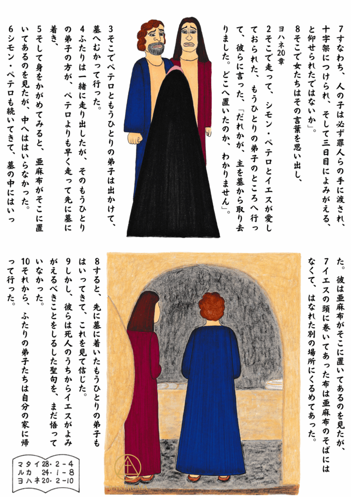 空の墓を見て驚く弟子たちと、イエスの体が見当たらないことに戸惑う女性たちの姿。復活の知らせを聞き、墓を訪れたペテロともうひとりの弟子が墓の中を覗き込む場面。ルカ24章7-8節とヨハネ20章2-10節に基づく描写。