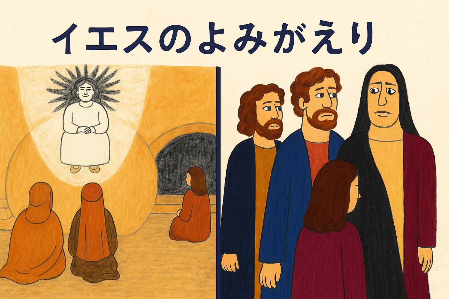 左側には輝く天使と、空になった墓を前にひれ伏す3人の女性たち。右側には驚きと戸惑いの表情で立つペテロともう一人の弟子、そしてマグダラのマリア。復活の朝を2つの場面で象徴的に描いたイラスト。