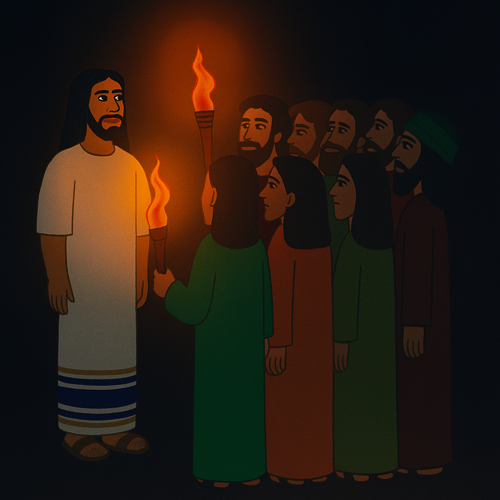 暗闇の中、たいまつの灯りに照らされながら、イエスが弟子たちに語りかけている。弟子たちは静かに立ち、主の言葉に心を向けている。夜の静けさと神聖な雰囲気が漂う場面。