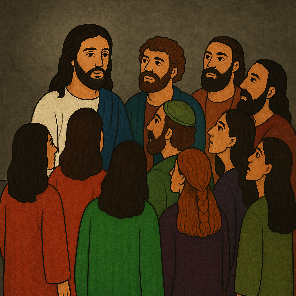 イエスが弟子たちに囲まれて語りかける様子。弟子たちは静かに耳を傾け、互いに目を合わせながら主の言葉に心を向けている。柔らかな光が彼らの上に注がれている。