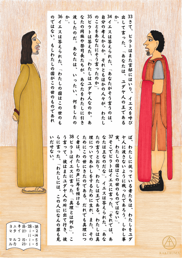 ピラトとイエスが向かい合って立ち、対話している場面。ピラトは軍服姿で、イエスは静かに語っている。背景には室内の床が描かれている。