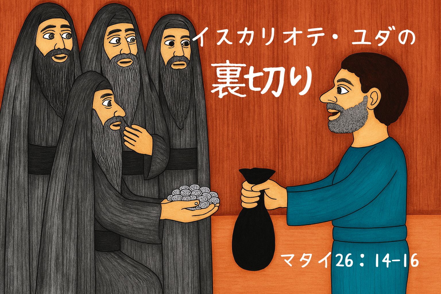 銀貨三十枚を差し出す祭司長と、それを受け取るイスカリオテのユダ。画面右に「イスカリオテ・ユダの裏切り」「マタイ26：14–16」と白文字で描かれた横長イラスト。