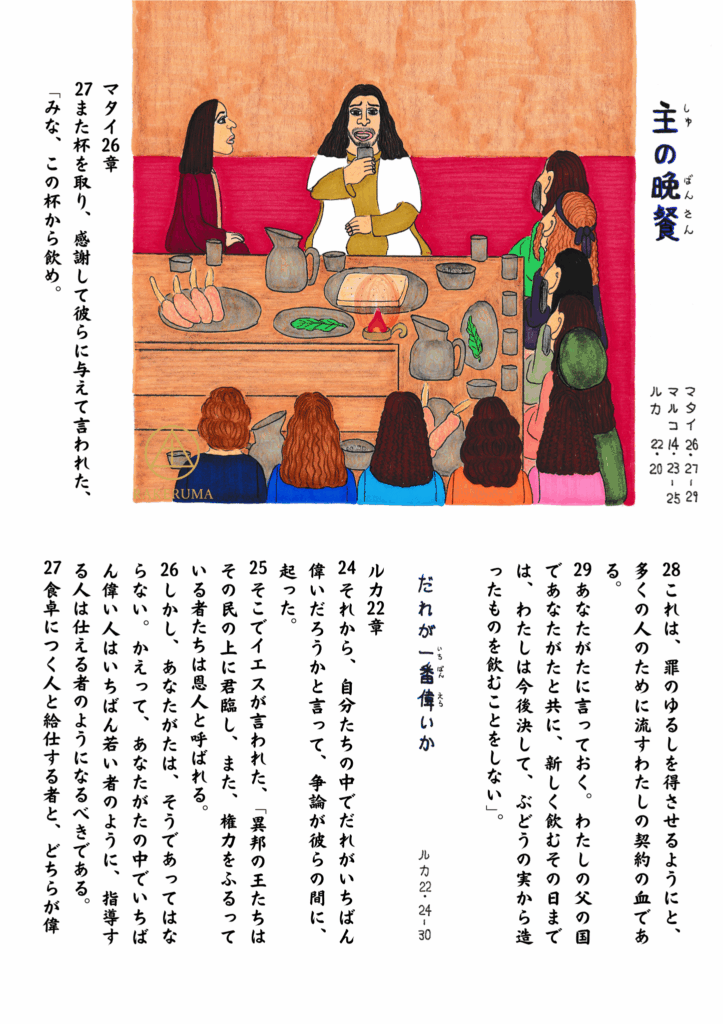 イエス・キリストが弟子たちと共に最後の晩餐を囲み、杯を手に祝福を祈る場面。弟子たちは静かにイエスの言葉に耳を傾けている。