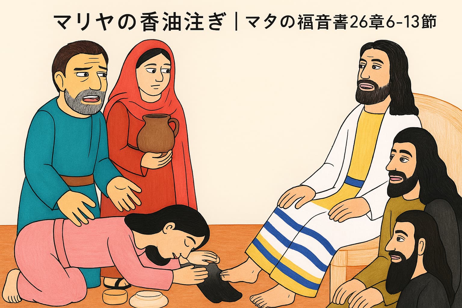 イエスの足元で香油を注ぎ、髪で拭うマリヤ。周囲にいる弟子たちの反応と、イエスの静かなまなざしを描いた横長イラスト。マタイの福音書26章6〜13節の場面。