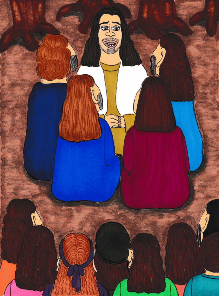 オリーブ山で、イエスが弟子たちを前に語りかけている様子。木々に囲まれた場所で、弟子たちは静かに耳を傾けている。