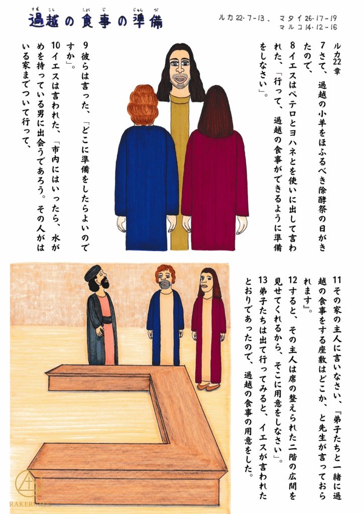 イエスが弟子たちに過越の食事の準備を命じ、水がめを運ぶ人の家へ導かれる様子と、整えられた部屋を訪れる弟子たちの場面。