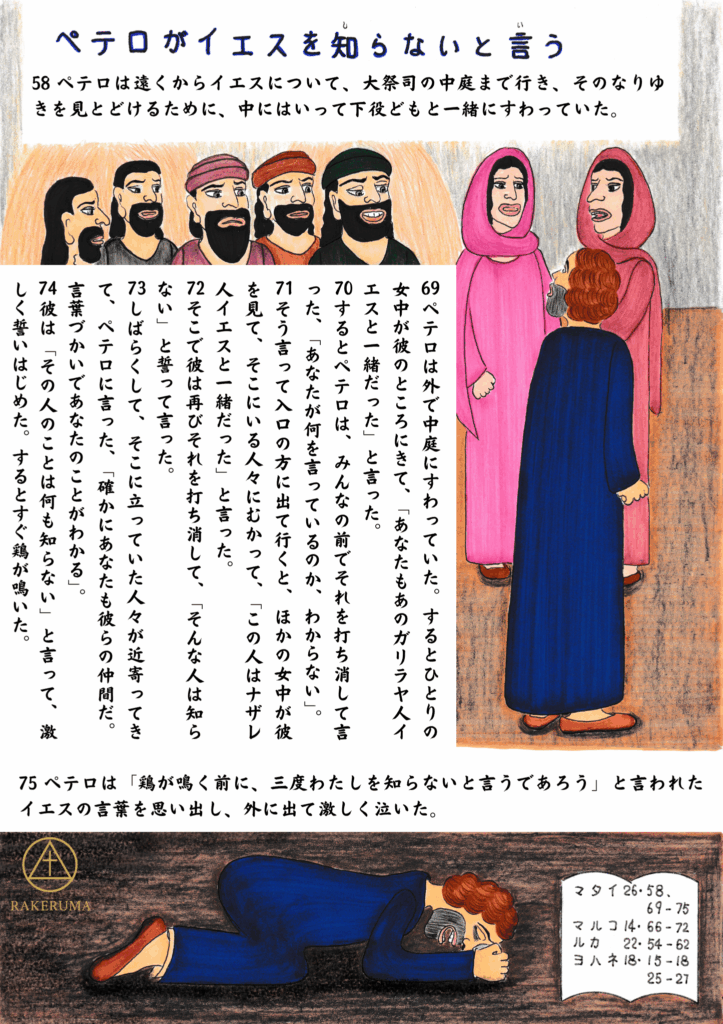 上段では、ペテロが火を囲んで座っている中、数人の女中たちに問い詰められて戸惑う様子が描かれている。下段では、ペテロが地にひれ伏して激しく泣いている姿が描かれており、背景に「鶏が鳴く」場面が暗示されている。