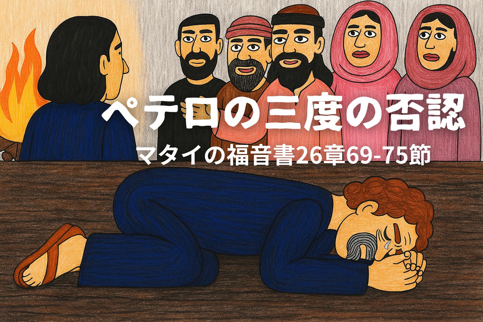 上段には焚き火の前に座るペテロと、彼を問い詰める数人の人々が描かれている。下段では、ペテロが地面にひれ伏して泣いており、その表情には深い悔いと悲しみがにじんでいる。