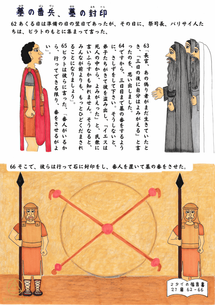 イエスの墓を前に、ローマ兵二人が槍を持って警備している。中央には大きな石が赤い紐で「X」字に封印されており、その上に印章が付けられている。上部には、パリサイ人たちがピラトに墓の警備を願い出る様子も描かれている。