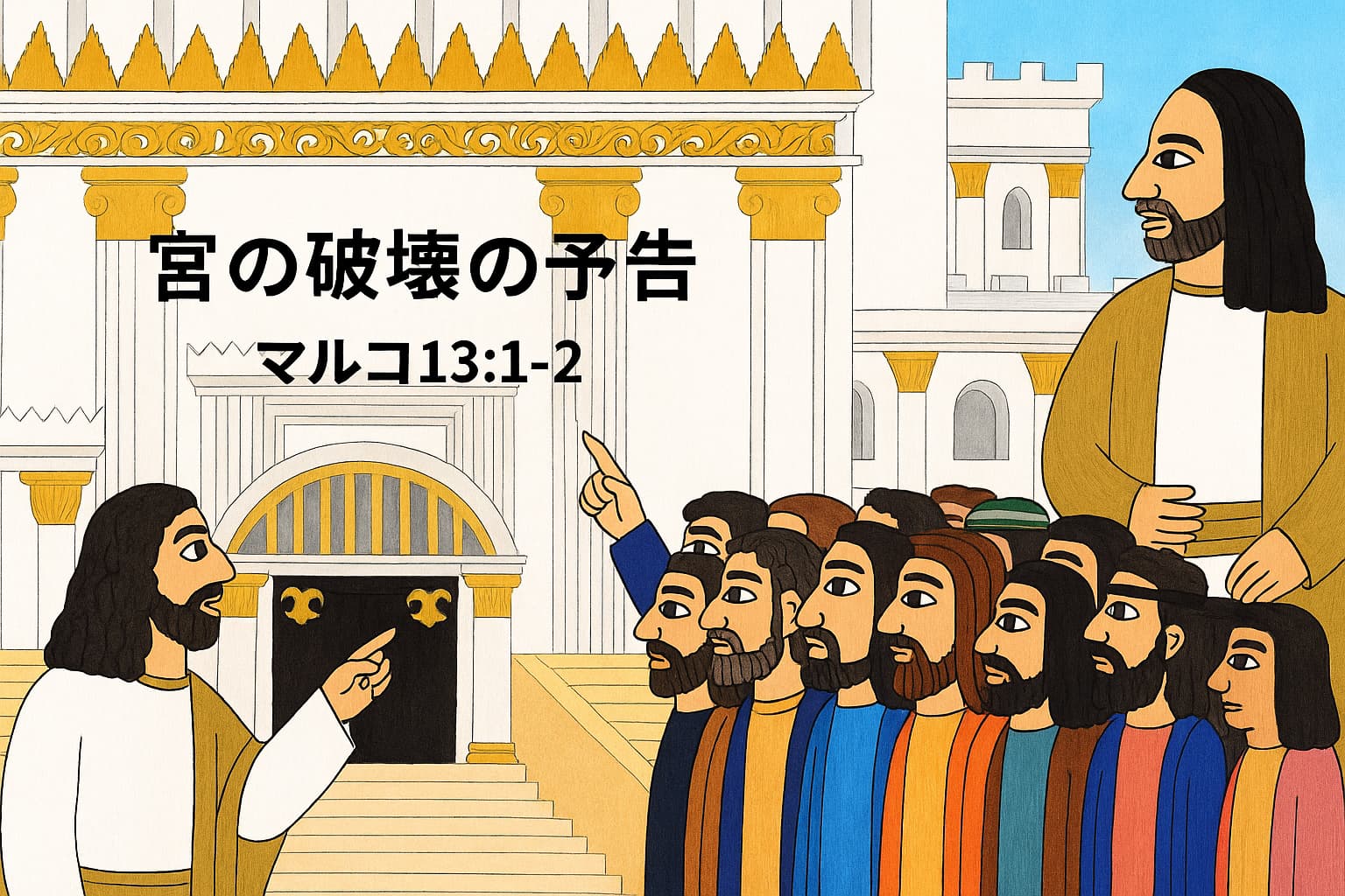 黄金の装飾が輝く壮麗な神殿の前で、イエスが弟子たちに語っている。弟子の一人が手を挙げて建物を指差し、他の弟子たちも見上げている。画面右側に『宮の破壊の予告　マルコ13:1–2』の文字。