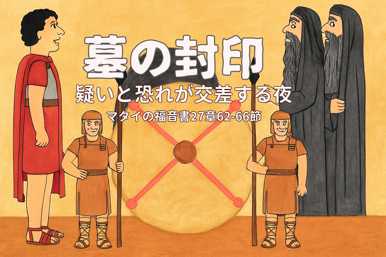 「墓の封印」の場面を描いたイラスト。墓の大きな石に赤い封印が施され、前には槍を持った二人のローマ兵が立っている。左側にはピラトに報告する兵士、右側には黒い衣を着た二人のパリサイ人が登場している。中央には「墓の封印｜疑いと恐れが交差する夜　マタイの福音書27章62–66節」のタイトル文字が重ねられている。