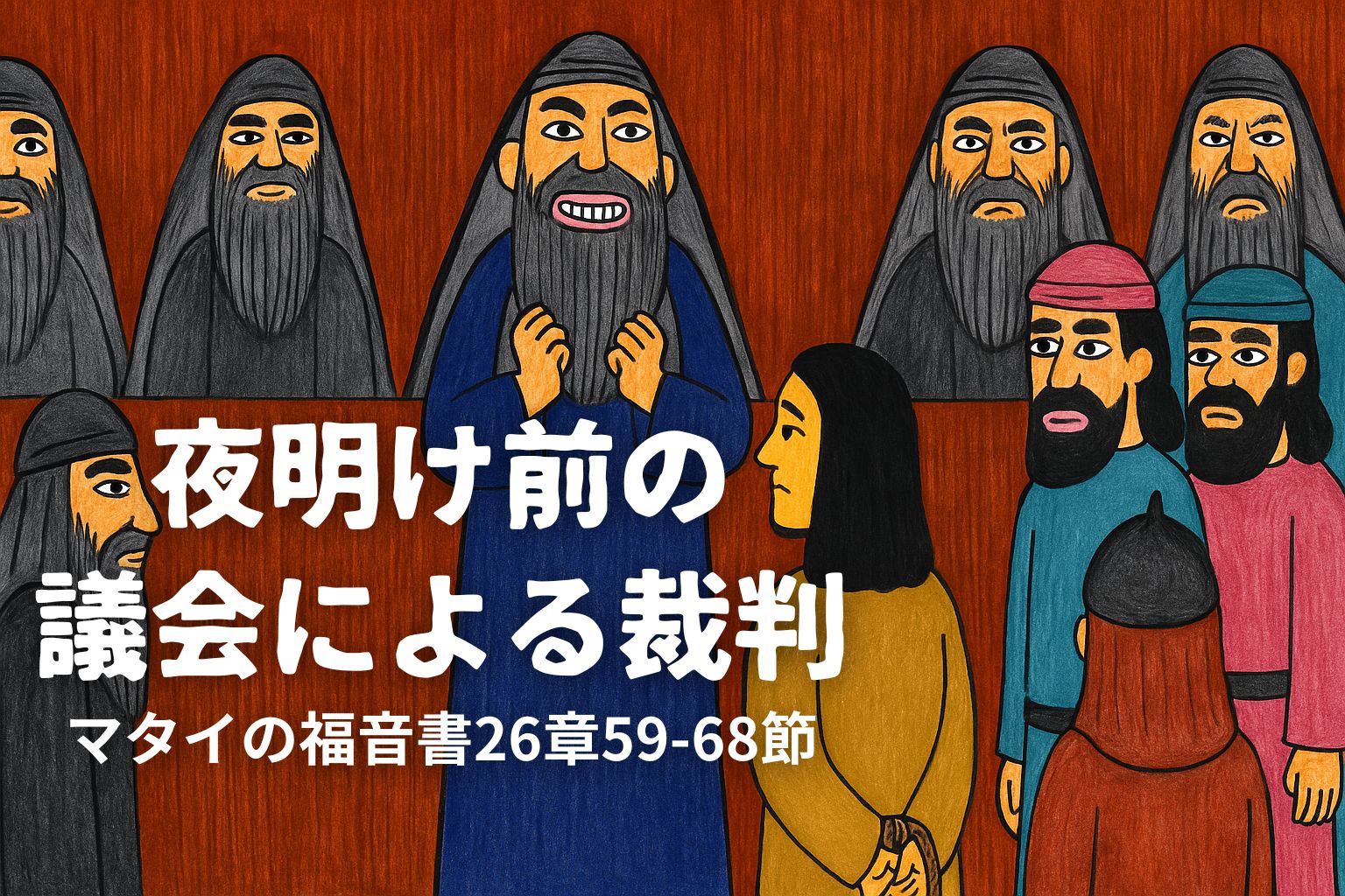 議会の前に立たされたイエスが沈黙を守る中、大祭司カヤパが中央で衣を引き裂く動作をし、長老たちが怒りと困惑の表情で囲んでいる。手前には証人や衛兵が並び、場面全体が緊迫した裁判の空気に包まれている。