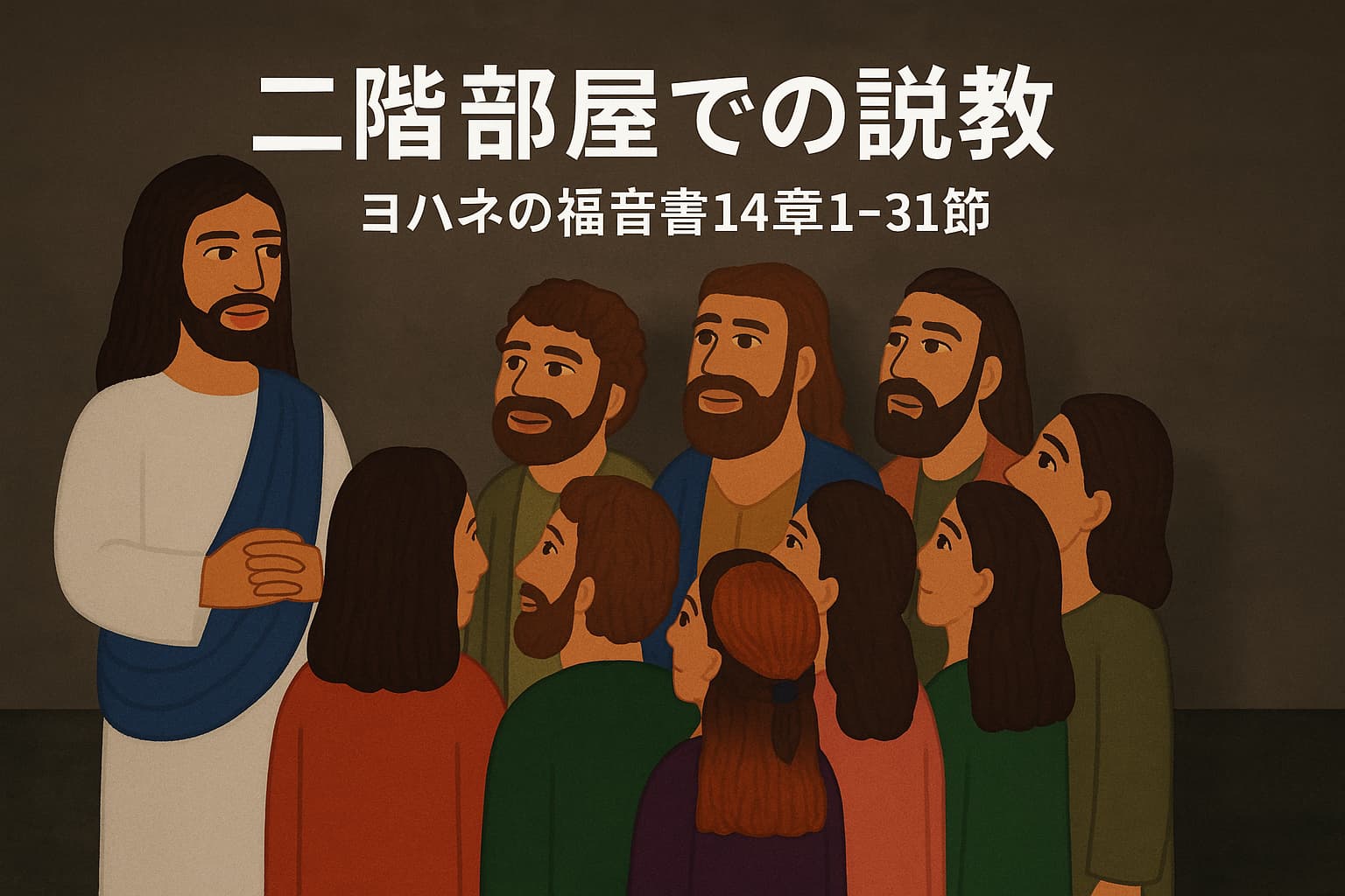 暗い室内でイエスが弟子たちに語りかけている。弟子たちは真剣な表情で主を見つめ、温かい光が彼らを照らしている。画面上部には「二階部屋での説教｜ヨハネの福音書14章1-31節」の文字。