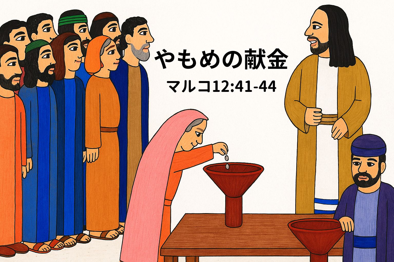 中央でやもめの女性がレプタ銅貨を献金箱に入れる姿。左側には弟子たちと思われる群衆、右側にはイエスと男性が立っており、全員がその行動を見守っている。上部には『やもめの献金　マルコ12:41–44』の文字。
