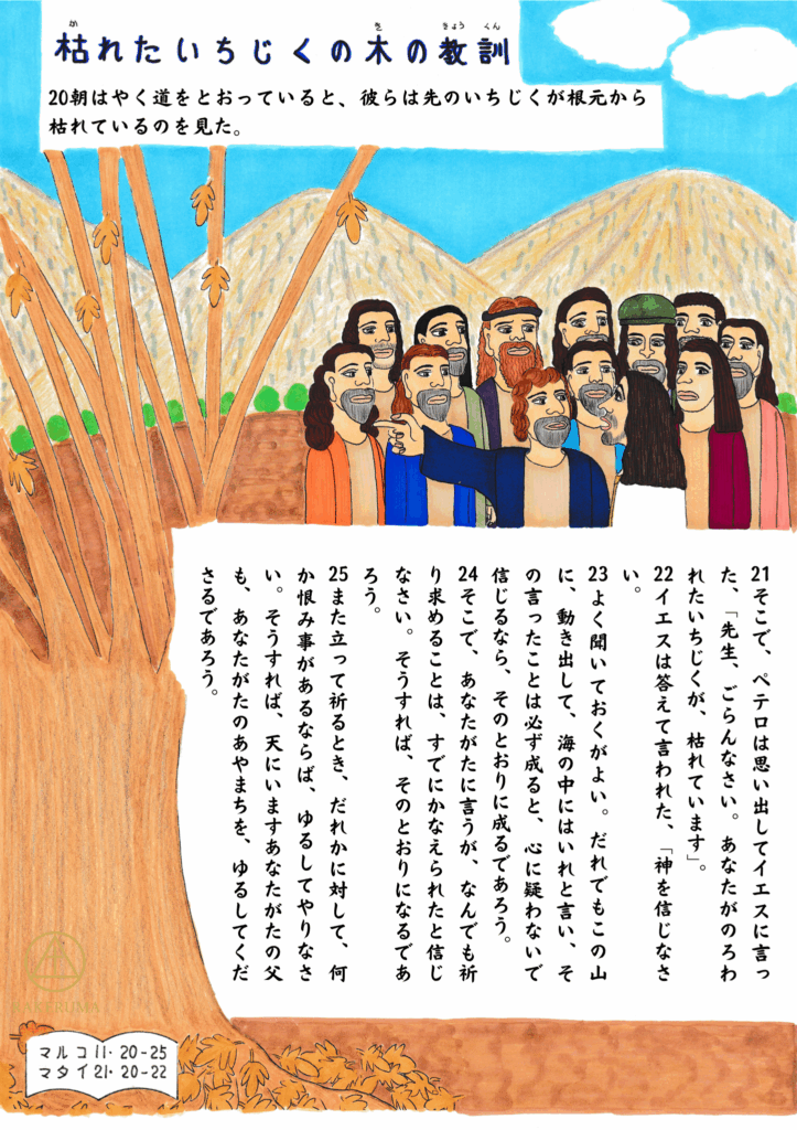 イエスと弟子たちが枯れたいちじくの木を見つめ、教えを語られている様子。背景には山々が広がり、根元から枯れた木々と真剣な表情の弟子たちが描かれている。