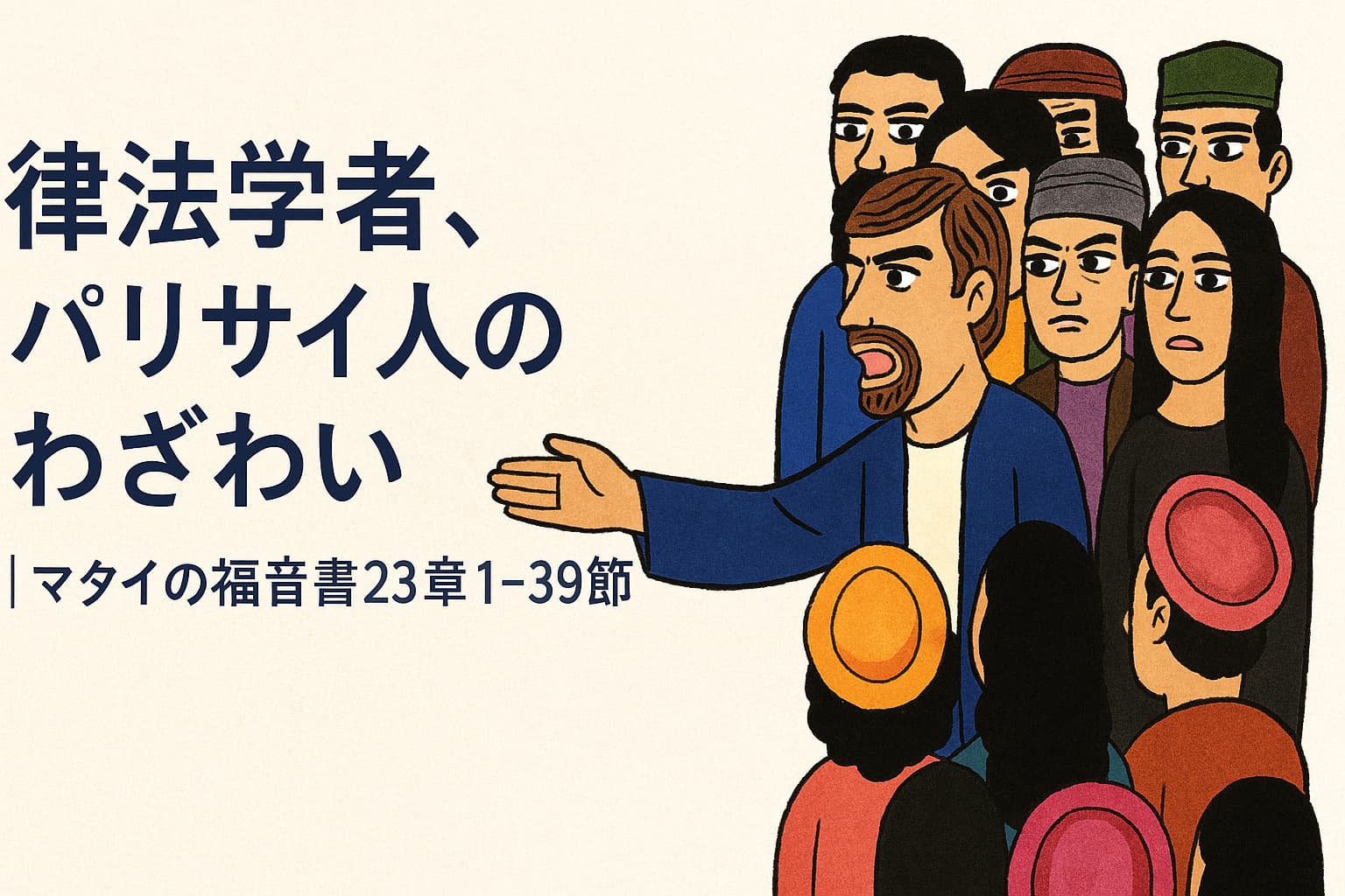 左側に『律法学者、パリサイ人のわざわい｜マタイの福音書23章1−39節』という濃紺の文字。右側には、群衆の前で語るイエスが描かれ、彼の前にパリサイ人や律法学者と思われる人々が色とりどりの衣をまとって並んでいる。