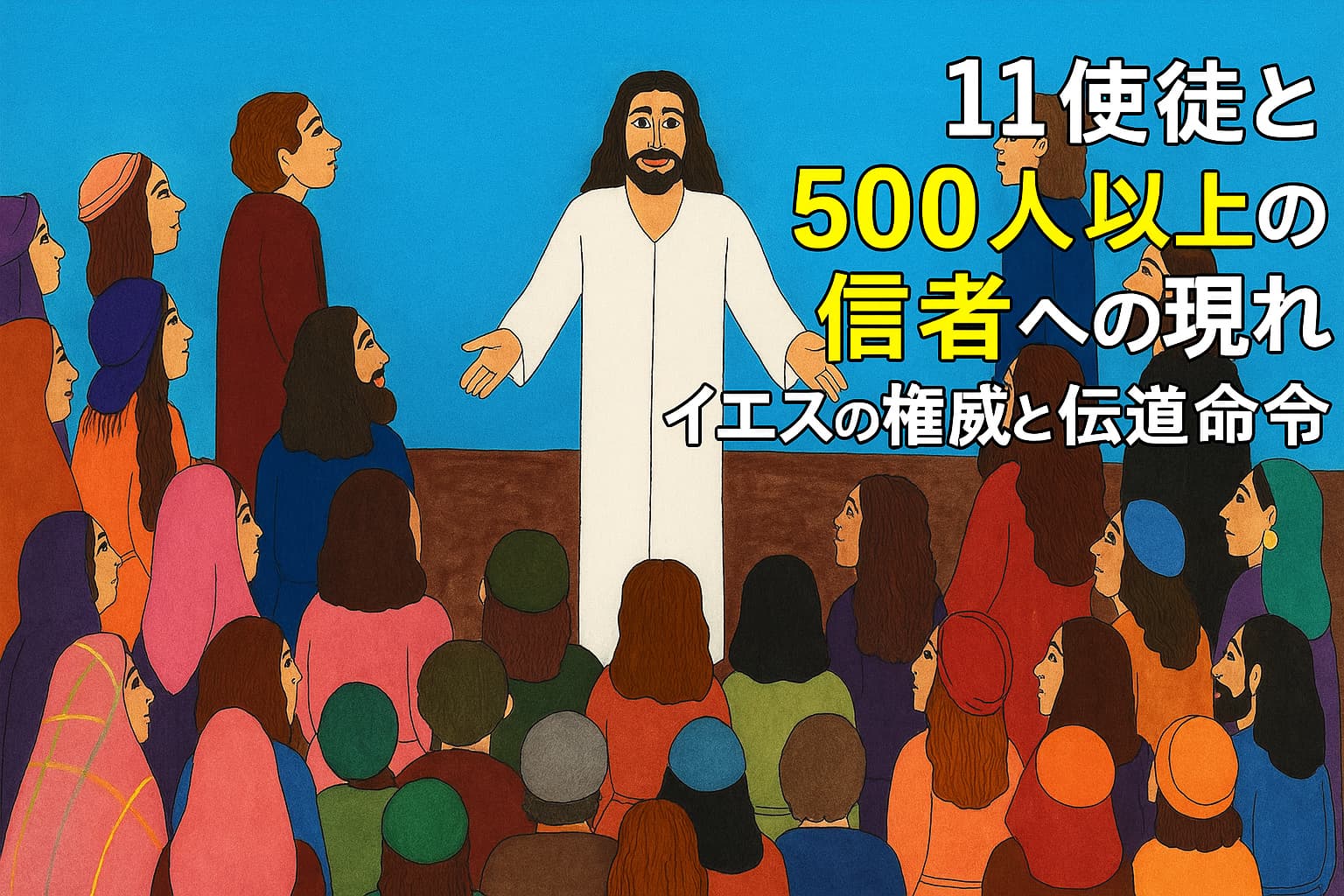白い衣をまとったイエスが群衆の前に立ち、両手を広げて語りかけている。弟子たちと信者たちが左右に集まり、イエスの言葉に耳を傾けている様子。