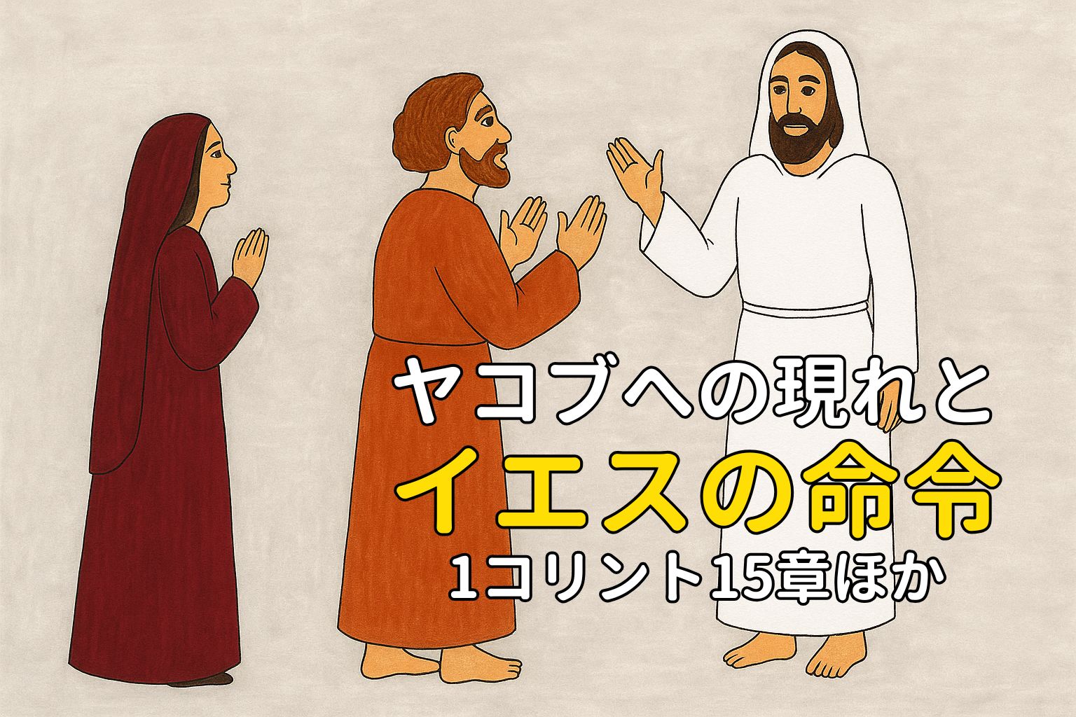 復活のイエスが白い衣をまとい、手を差し伸べてヤコブと女性の弟子に語りかけている。背景は柔らかなベージュ、下部には「ヤコブへの現れとイエスの命令　1コリント15章ほか」と記されたタイトルがある。