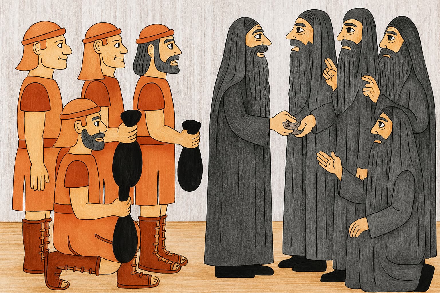 木目調の背景の中、左側には赤い装備を着たローマ兵たちが黒い袋を手にして並び、右側では黒い衣をまとった祭司長たちが金を渡しながら密談している。兵士たちの表情には不安が、宗教指導者たちには策略がにじむ場面。