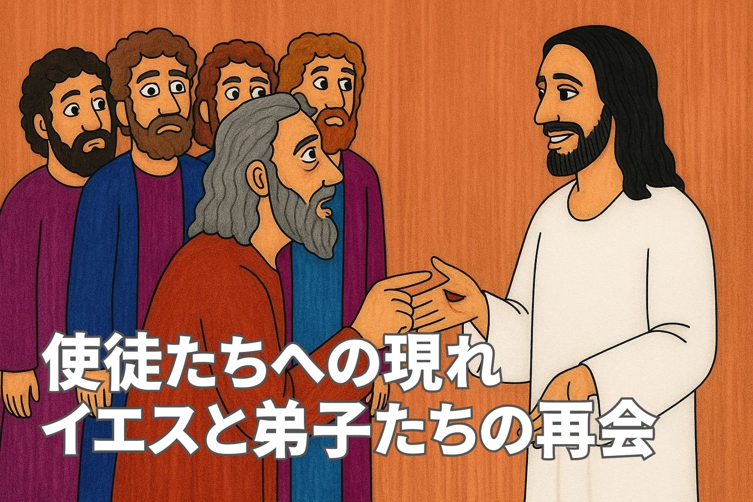 復活のイエスが弟子たちの前に現れ、トマスに手の傷を示している場面。トマスはその傷に触れようとしており、まわりの弟子たちは見守っている。