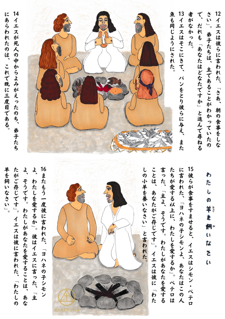 復活のイエスが弟子たちと円座になって座り、パンと魚を分け与えている様子。手前には焼かれた魚、パン、炭火が描かれている。右下では、イエスがペテロに語りかけている場面も描かれている。