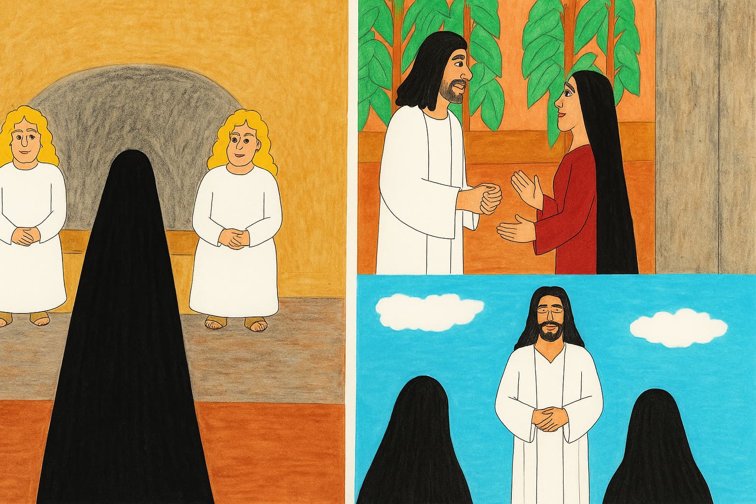 左側には墓の中をのぞくマグダラのマリヤと、白い衣を着た二人の御使いの姿。右上には復活したイエスとマリヤの出会い、右下には他の女性たちの前に現れるイエスの姿が描かれている。復活の朝の出来事が三場面で構成されている温かなイラスト。